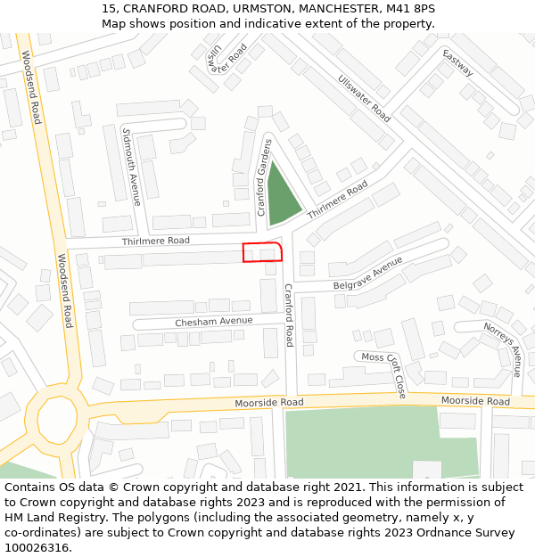 15, CRANFORD ROAD, URMSTON, MANCHESTER, M41 8PS: Location map and indicative extent of plot