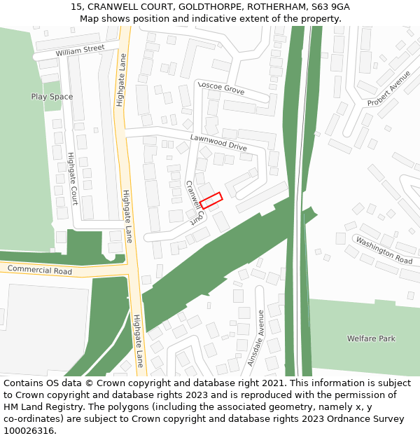 15, CRANWELL COURT, GOLDTHORPE, ROTHERHAM, S63 9GA: Location map and indicative extent of plot