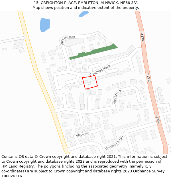 15, CREIGHTON PLACE, EMBLETON, ALNWICK, NE66 3FA: Location map and indicative extent of plot