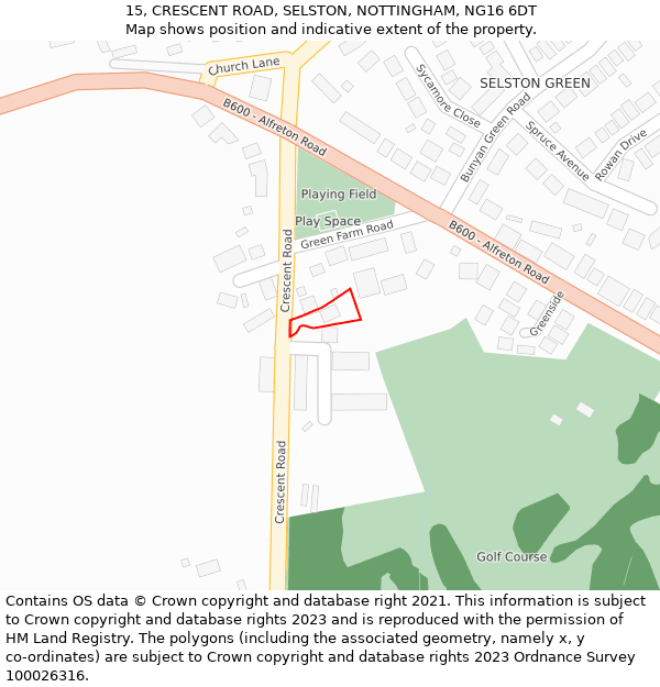 15, CRESCENT ROAD, SELSTON, NOTTINGHAM, NG16 6DT: Location map and indicative extent of plot