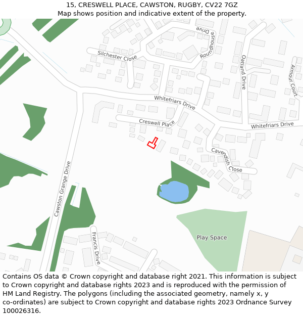 15, CRESWELL PLACE, CAWSTON, RUGBY, CV22 7GZ: Location map and indicative extent of plot