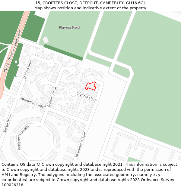 15, CROFTERS CLOSE, DEEPCUT, CAMBERLEY, GU16 6GH: Location map and indicative extent of plot