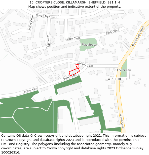 15, CROFTERS CLOSE, KILLAMARSH, SHEFFIELD, S21 1JH: Location map and indicative extent of plot