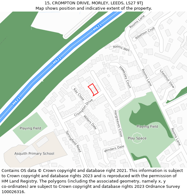 15, CROMPTON DRIVE, MORLEY, LEEDS, LS27 9TJ: Location map and indicative extent of plot