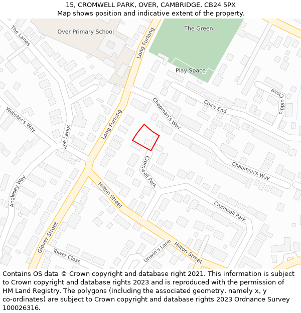 15, CROMWELL PARK, OVER, CAMBRIDGE, CB24 5PX: Location map and indicative extent of plot