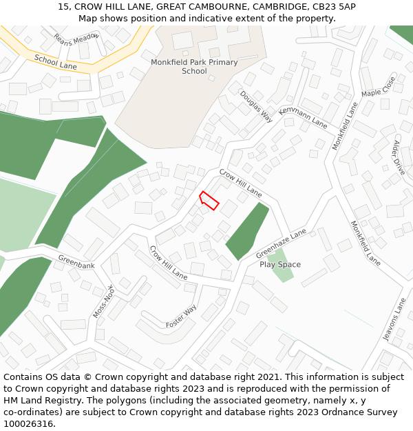 15, CROW HILL LANE, GREAT CAMBOURNE, CAMBRIDGE, CB23 5AP: Location map and indicative extent of plot