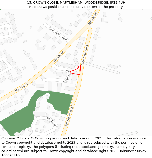 15, CROWN CLOSE, MARTLESHAM, WOODBRIDGE, IP12 4UH: Location map and indicative extent of plot