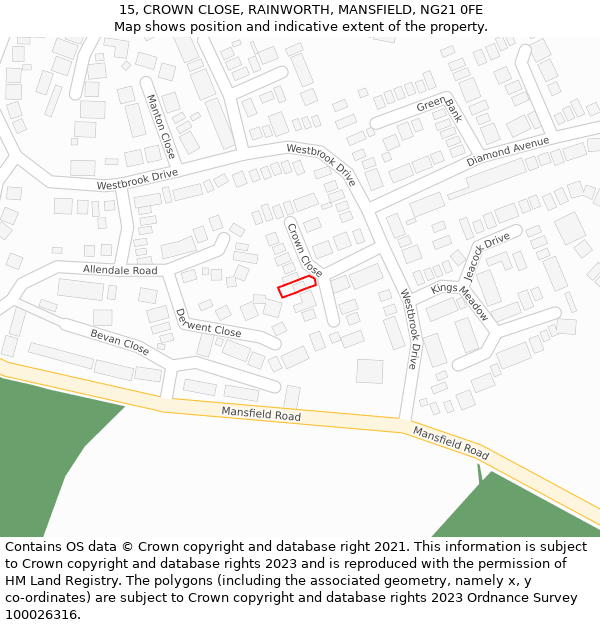 15, CROWN CLOSE, RAINWORTH, MANSFIELD, NG21 0FE: Location map and indicative extent of plot