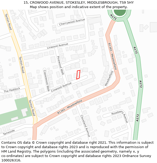 15, CROWOOD AVENUE, STOKESLEY, MIDDLESBROUGH, TS9 5HY: Location map and indicative extent of plot