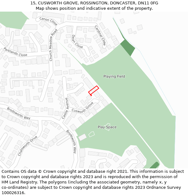 15, CUSWORTH GROVE, ROSSINGTON, DONCASTER, DN11 0FG: Location map and indicative extent of plot