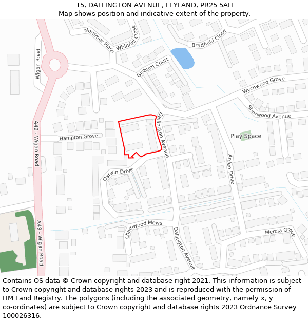 15, DALLINGTON AVENUE, LEYLAND, PR25 5AH: Location map and indicative extent of plot