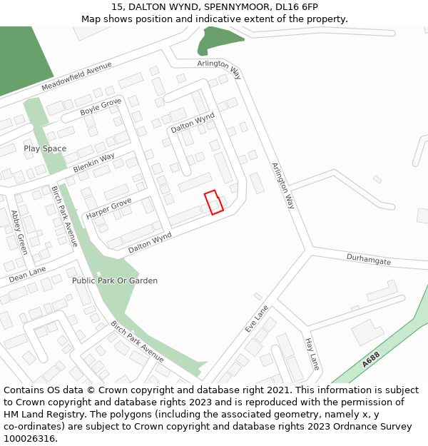 15, DALTON WYND, SPENNYMOOR, DL16 6FP: Location map and indicative extent of plot