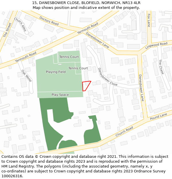 15, DANESBOWER CLOSE, BLOFIELD, NORWICH, NR13 4LR: Location map and indicative extent of plot