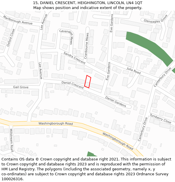 15, DANIEL CRESCENT, HEIGHINGTON, LINCOLN, LN4 1QT: Location map and indicative extent of plot