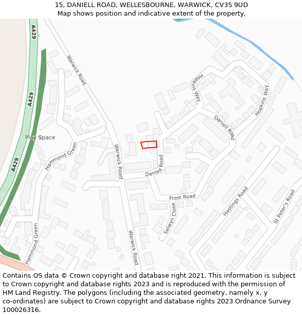 15, DANIELL ROAD, WELLESBOURNE, WARWICK, CV35 9UD: Location map and indicative extent of plot