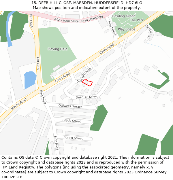 15, DEER HILL CLOSE, MARSDEN, HUDDERSFIELD, HD7 6LG: Location map and indicative extent of plot