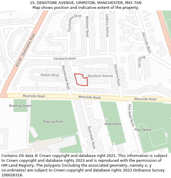 15, DENSTONE AVENUE, URMSTON, MANCHESTER, M41 7AN: Location map and indicative extent of plot