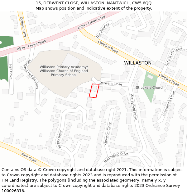 15, DERWENT CLOSE, WILLASTON, NANTWICH, CW5 6QQ: Location map and indicative extent of plot