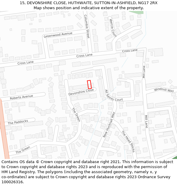 15, DEVONSHIRE CLOSE, HUTHWAITE, SUTTON-IN-ASHFIELD, NG17 2RX: Location map and indicative extent of plot