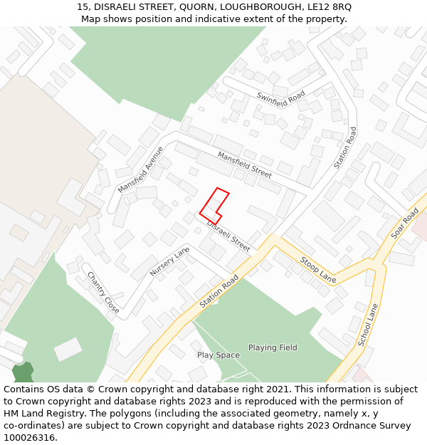 15, DISRAELI STREET, QUORN, LOUGHBOROUGH, LE12 8RQ: Location map and indicative extent of plot