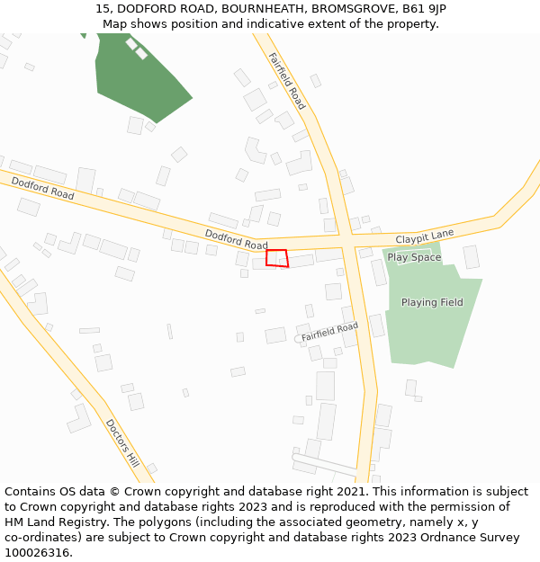 15, DODFORD ROAD, BOURNHEATH, BROMSGROVE, B61 9JP: Location map and indicative extent of plot