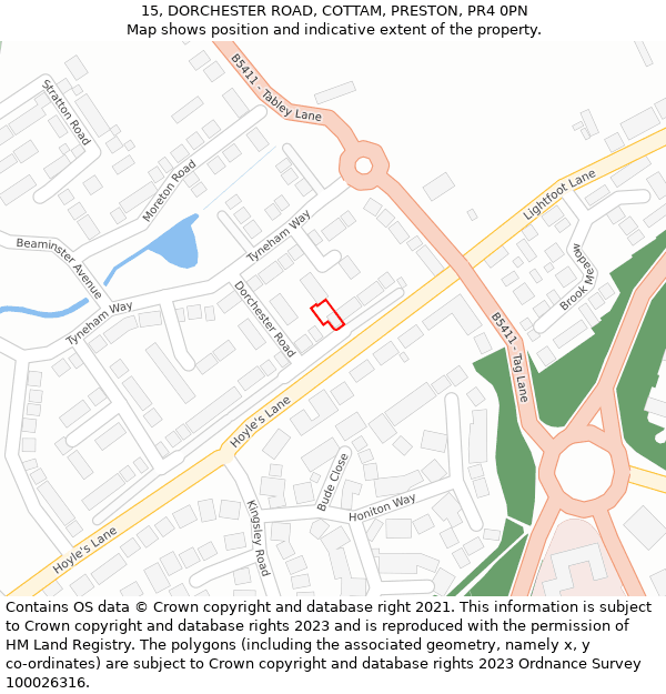 15, DORCHESTER ROAD, COTTAM, PRESTON, PR4 0PN: Location map and indicative extent of plot