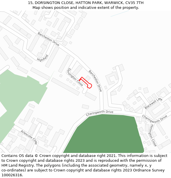 15, DORSINGTON CLOSE, HATTON PARK, WARWICK, CV35 7TH: Location map and indicative extent of plot