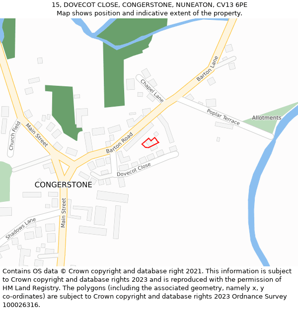 15, DOVECOT CLOSE, CONGERSTONE, NUNEATON, CV13 6PE: Location map and indicative extent of plot