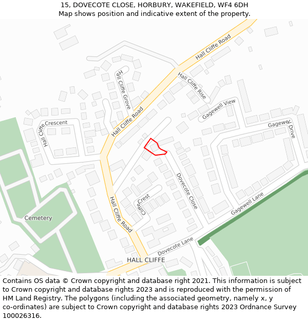 15, DOVECOTE CLOSE, HORBURY, WAKEFIELD, WF4 6DH: Location map and indicative extent of plot