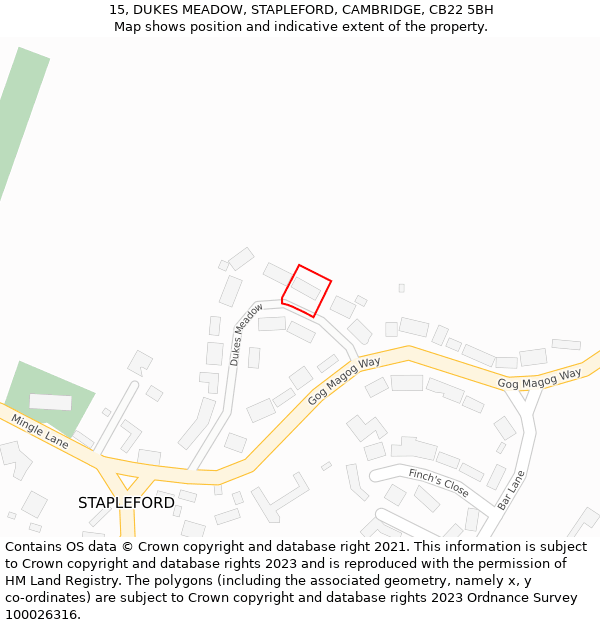 15, DUKES MEADOW, STAPLEFORD, CAMBRIDGE, CB22 5BH: Location map and indicative extent of plot
