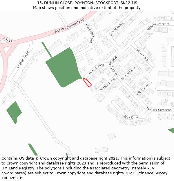 15, DUNLIN CLOSE, POYNTON, STOCKPORT, SK12 1JS: Location map and indicative extent of plot
