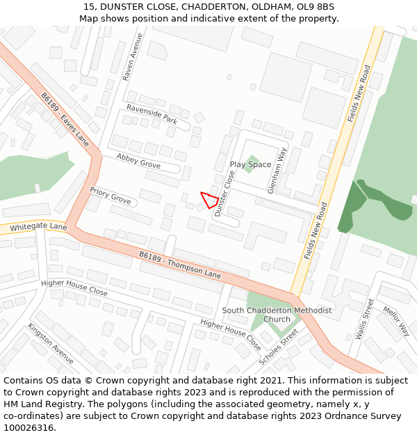 15, DUNSTER CLOSE, CHADDERTON, OLDHAM, OL9 8BS: Location map and indicative extent of plot