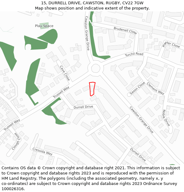 15, DURRELL DRIVE, CAWSTON, RUGBY, CV22 7GW: Location map and indicative extent of plot