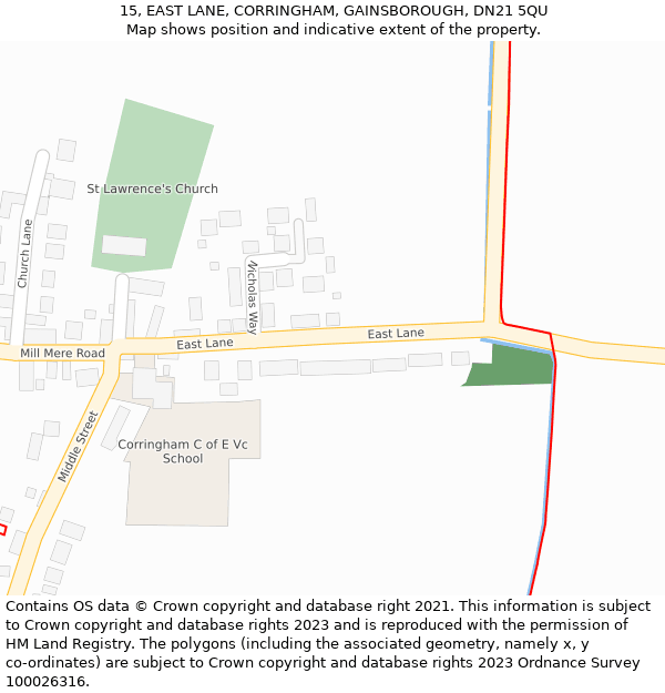 15, EAST LANE, CORRINGHAM, GAINSBOROUGH, DN21 5QU: Location map and indicative extent of plot