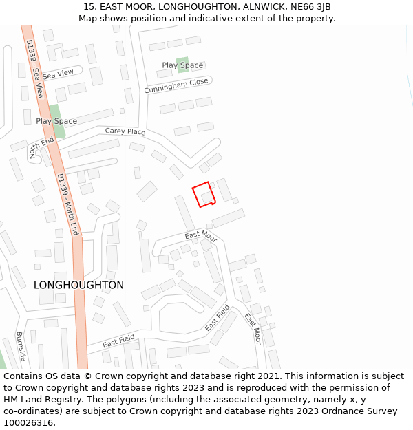 15, EAST MOOR, LONGHOUGHTON, ALNWICK, NE66 3JB: Location map and indicative extent of plot