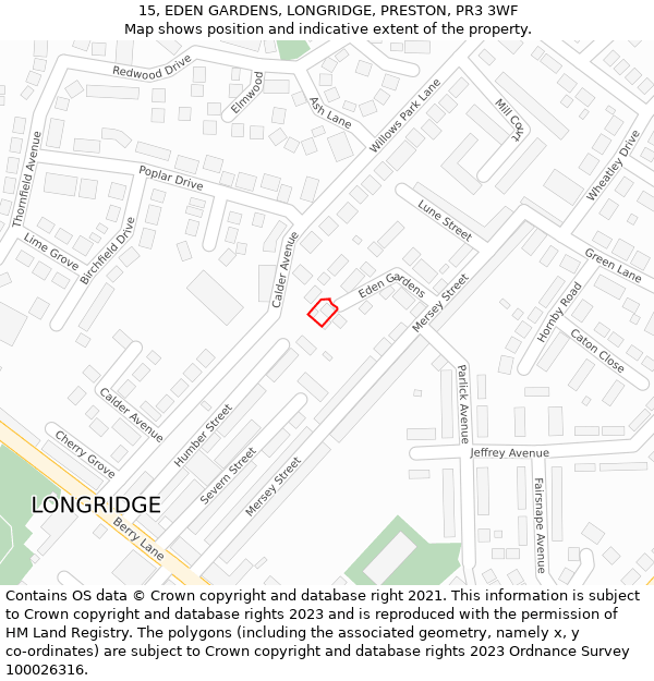 15, EDEN GARDENS, LONGRIDGE, PRESTON, PR3 3WF: Location map and indicative extent of plot