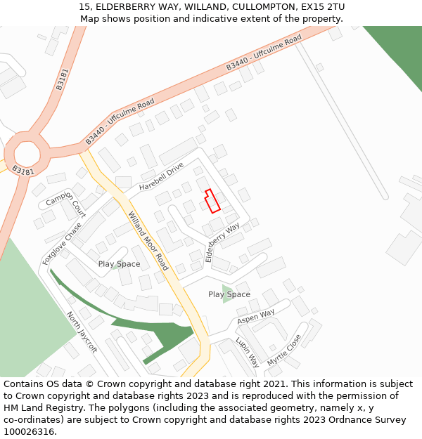 15, ELDERBERRY WAY, WILLAND, CULLOMPTON, EX15 2TU: Location map and indicative extent of plot