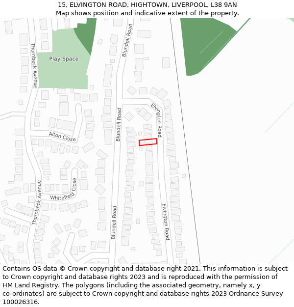 15, ELVINGTON ROAD, HIGHTOWN, LIVERPOOL, L38 9AN: Location map and indicative extent of plot