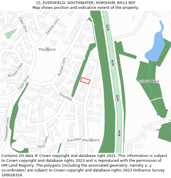 15, EVERSFIELD, SOUTHWATER, HORSHAM, RH13 9GF: Location map and indicative extent of plot