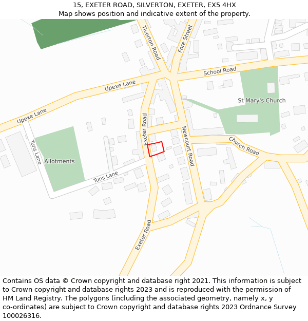 15, EXETER ROAD, SILVERTON, EXETER, EX5 4HX: Location map and indicative extent of plot