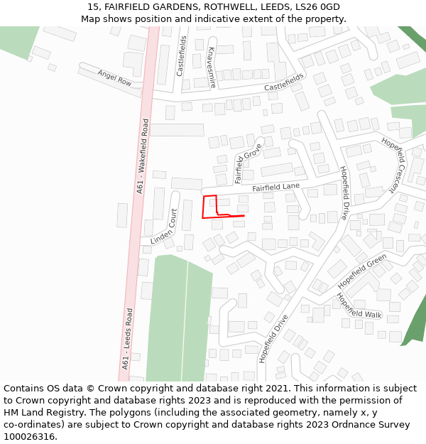 15, FAIRFIELD GARDENS, ROTHWELL, LEEDS, LS26 0GD: Location map and indicative extent of plot