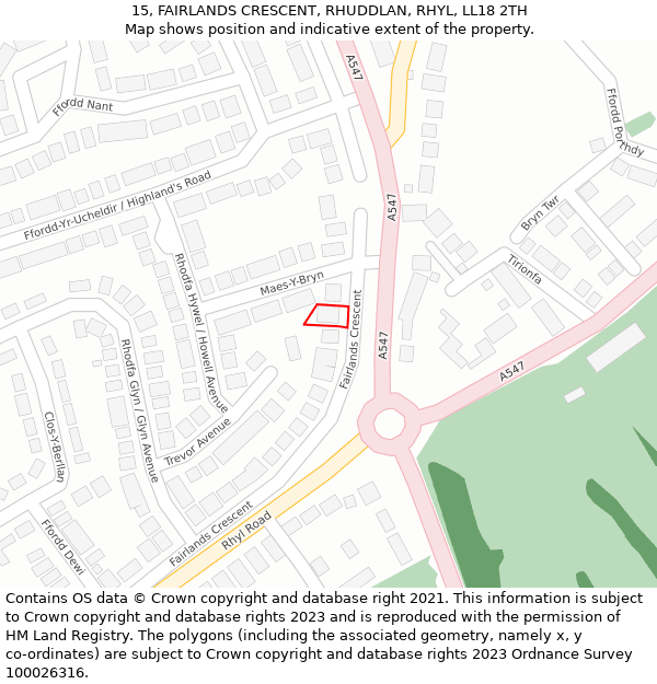 15, FAIRLANDS CRESCENT, RHUDDLAN, RHYL, LL18 2TH: Location map and indicative extent of plot