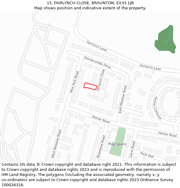 15, FAIRLYNCH CLOSE, BRAUNTON, EX33 1JB: Location map and indicative extent of plot