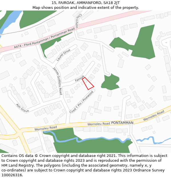 15, FAIROAK, AMMANFORD, SA18 2JT: Location map and indicative extent of plot