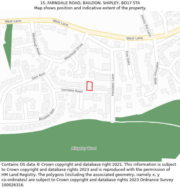 15, FARNDALE ROAD, BAILDON, SHIPLEY, BD17 5TA: Location map and indicative extent of plot