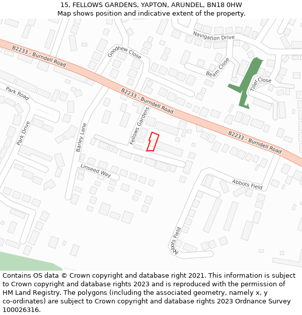 15, FELLOWS GARDENS, YAPTON, ARUNDEL, BN18 0HW: Location map and indicative extent of plot