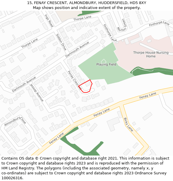 15, FENAY CRESCENT, ALMONDBURY, HUDDERSFIELD, HD5 8XY: Location map and indicative extent of plot