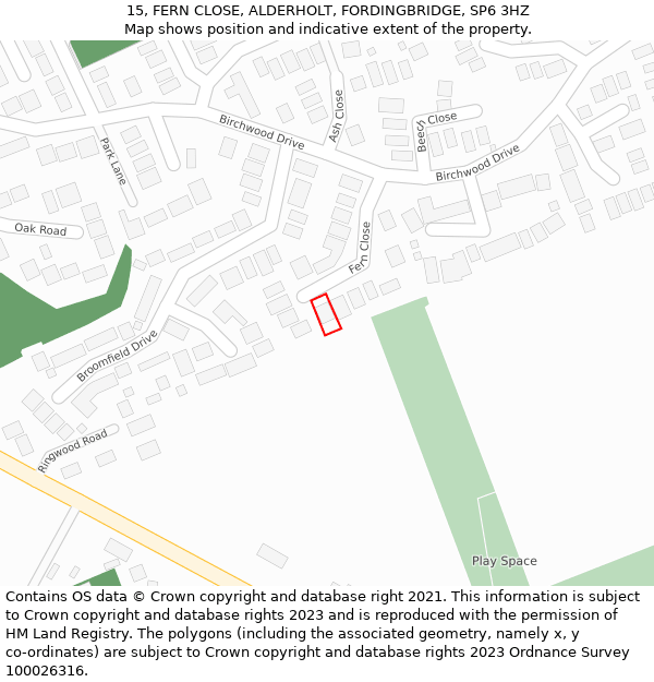 15, FERN CLOSE, ALDERHOLT, FORDINGBRIDGE, SP6 3HZ: Location map and indicative extent of plot
