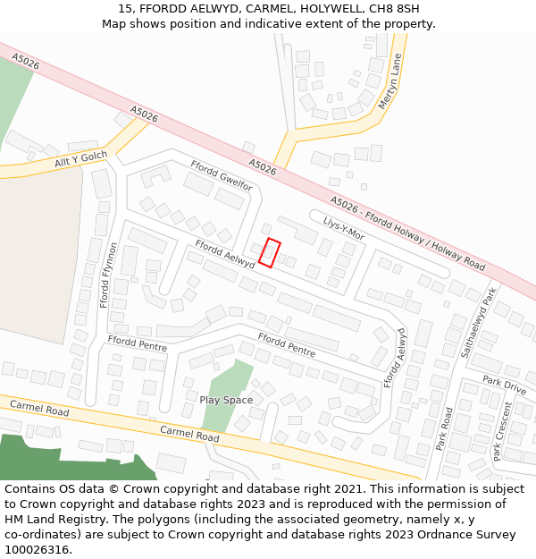 15, FFORDD AELWYD, CARMEL, HOLYWELL, CH8 8SH: Location map and indicative extent of plot