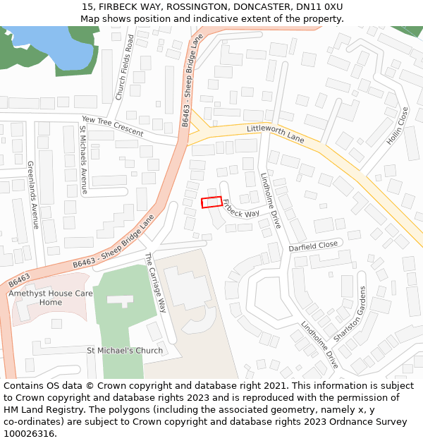 15, FIRBECK WAY, ROSSINGTON, DONCASTER, DN11 0XU: Location map and indicative extent of plot